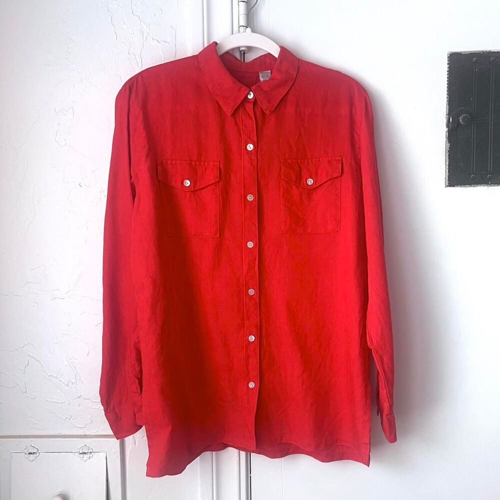 Chico’s Women's red linen button down Shirt with pockets - Picture 4 of 8